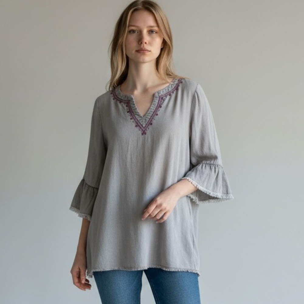 Standard Grace Gray Lyocell Tunic Top, Medium Boho Bell Sleeve Grey Minimalist
